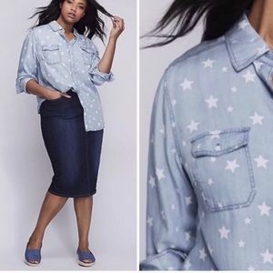 Lane Bryant Chambray Star Print Button Down Shirt
